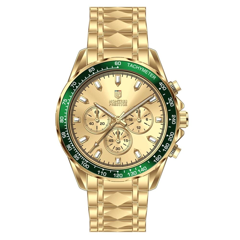 Montres Prestige Invicta MPW-0339 Mens Chronograph Watch Gold Green Bezel NIB